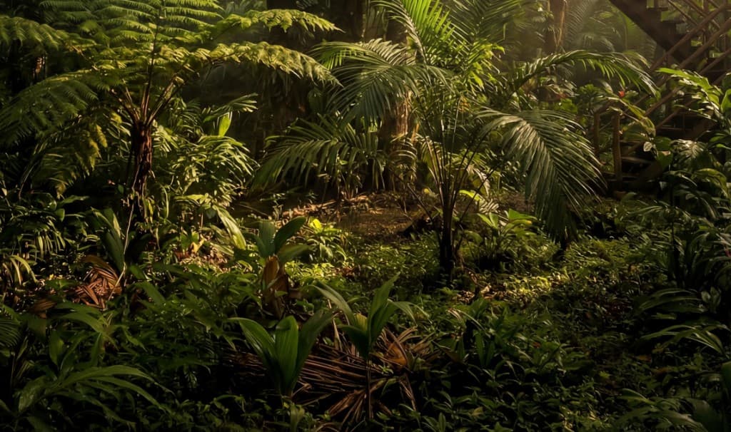 Circular treehouse with thatched roof nestled in lush Amazon jungle